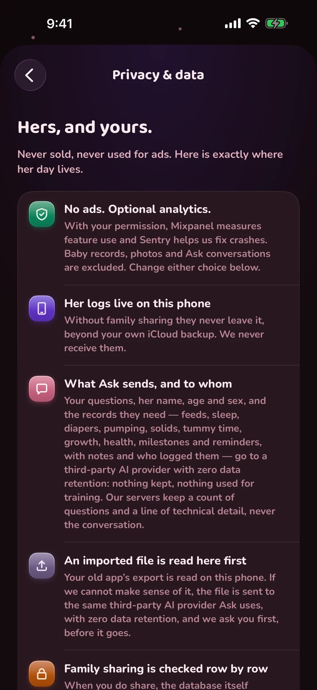 The app's Privacy and data screen, listing what leaves the phone