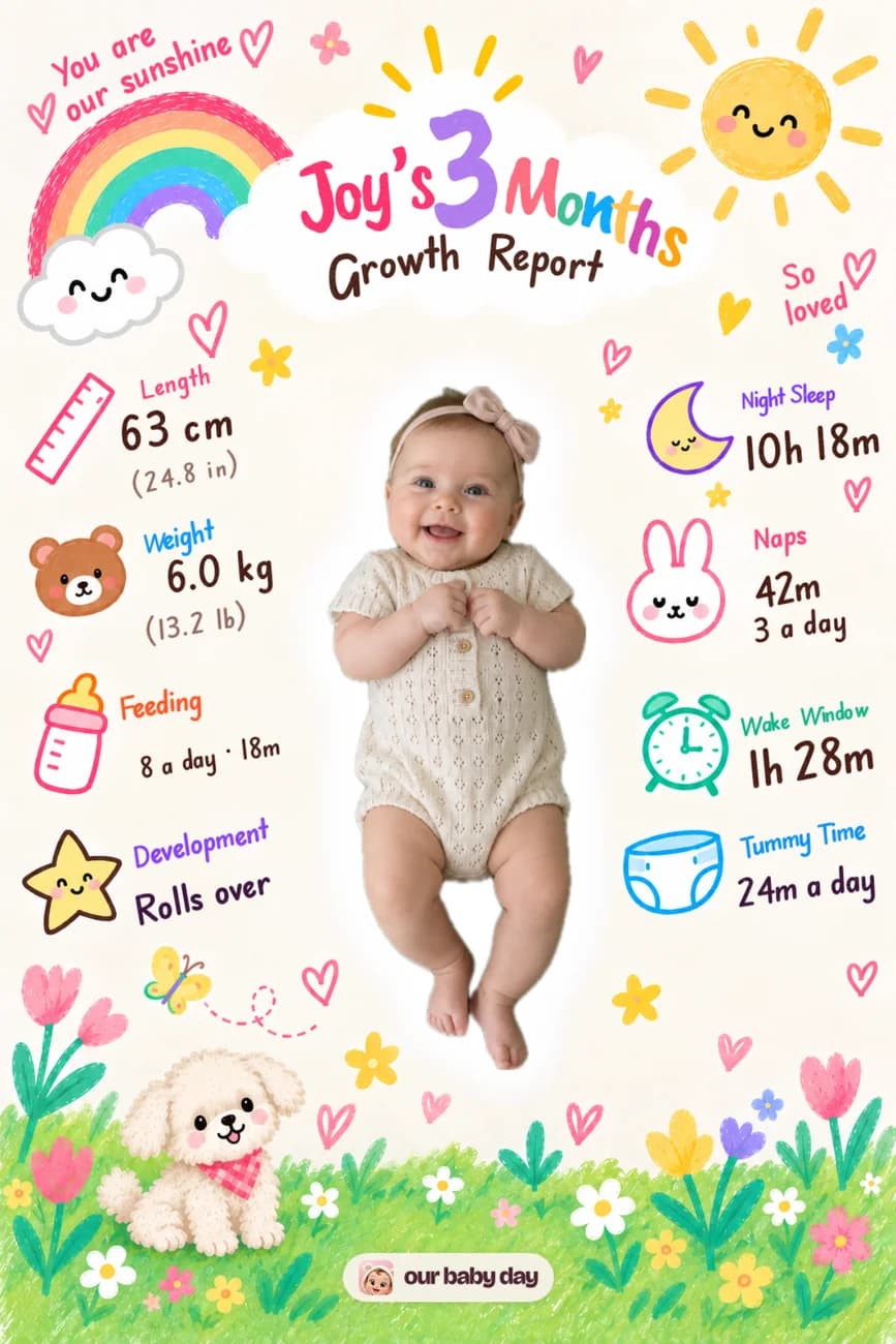 A Joyful third-month card with Joybean’s photo, growth, sleep and feeding details, and the current cream signature pill