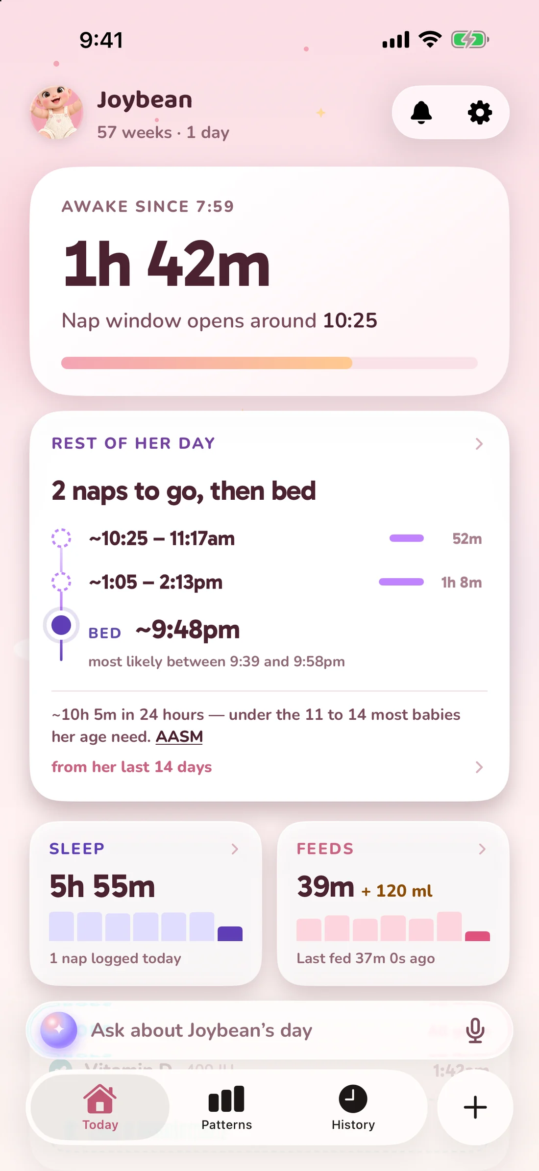 The Today screen showing the wake window, sleep, feeds and supplements