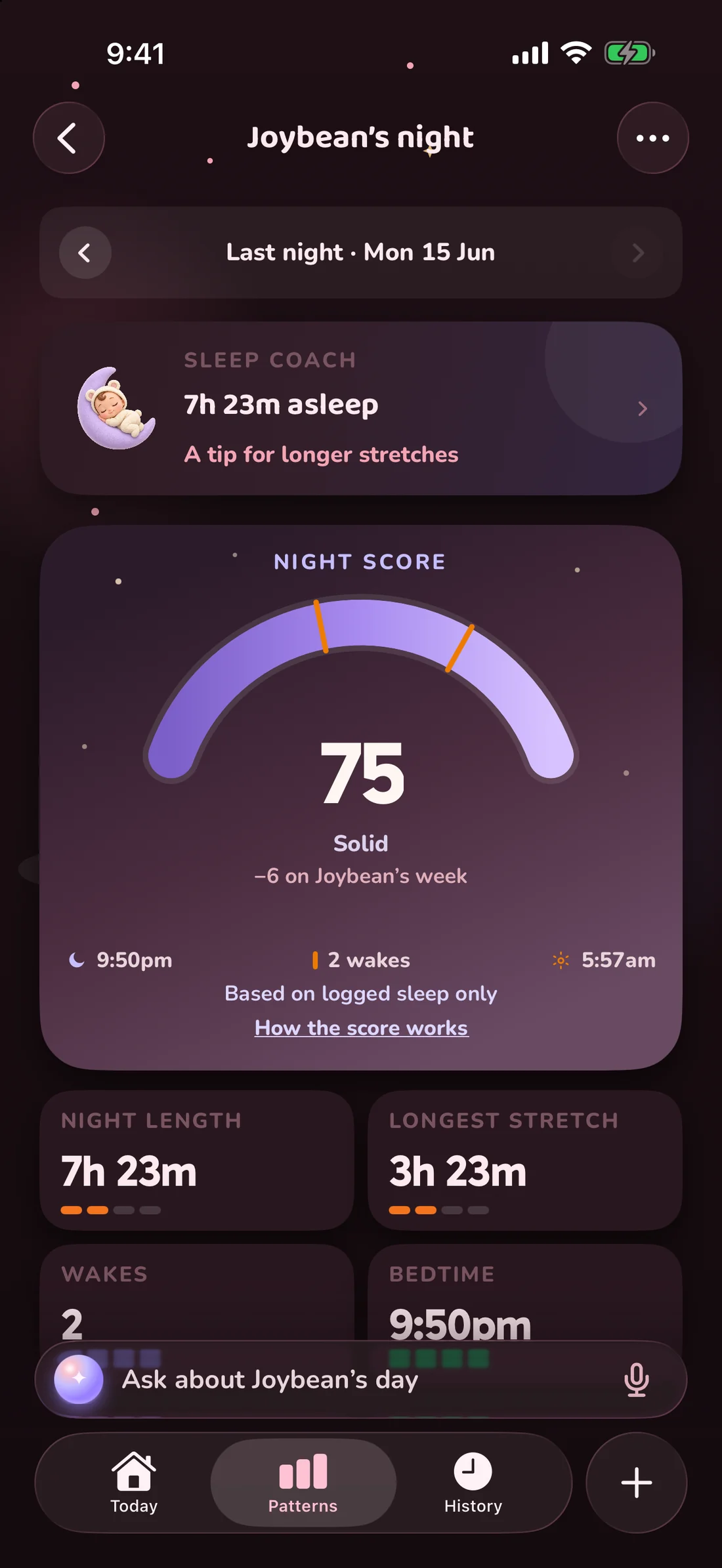 Her night, scored, with the night's wakes and feeds laid out