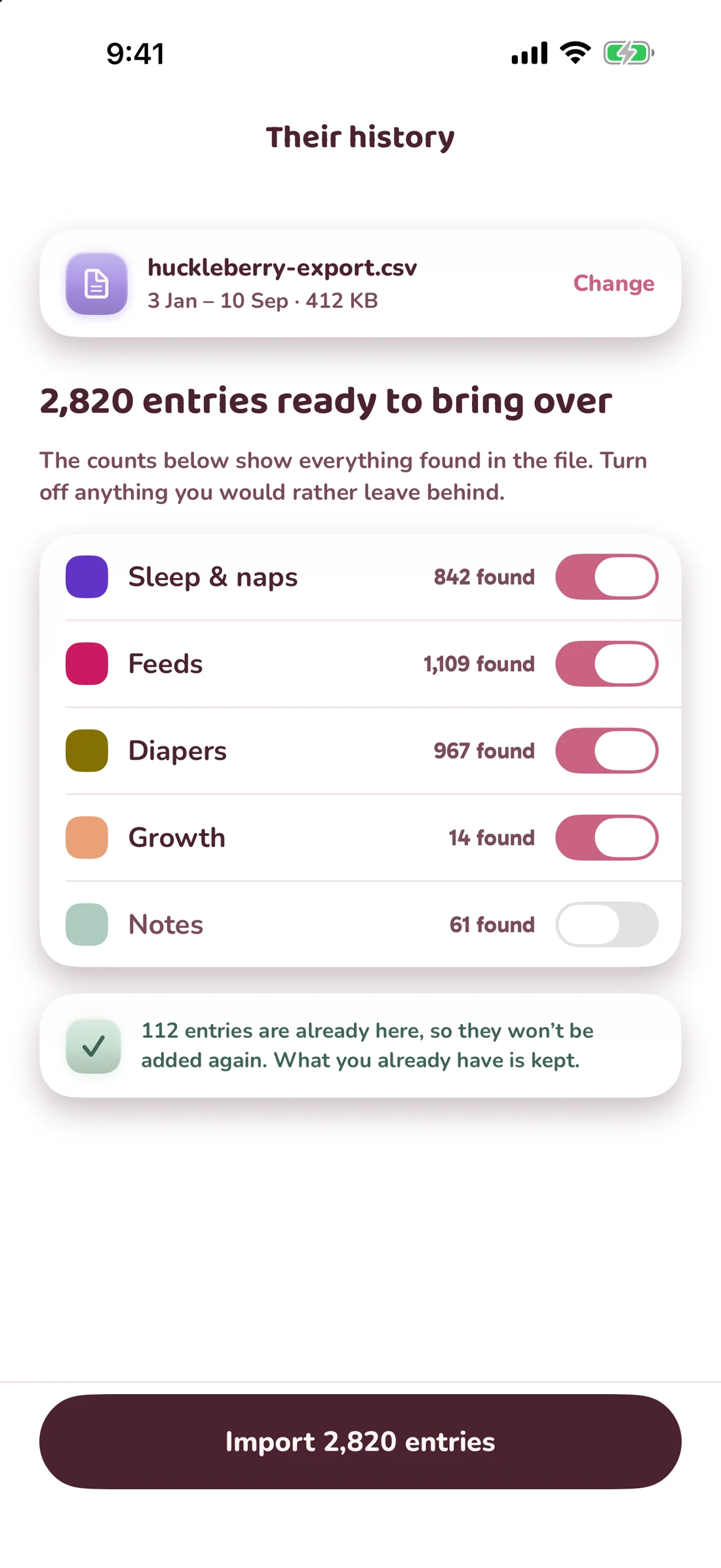 The import review: a Huckleberry export with 2,820 entries to bring over, each kind counted and switchable, and 112 overlapping entries kept as they are