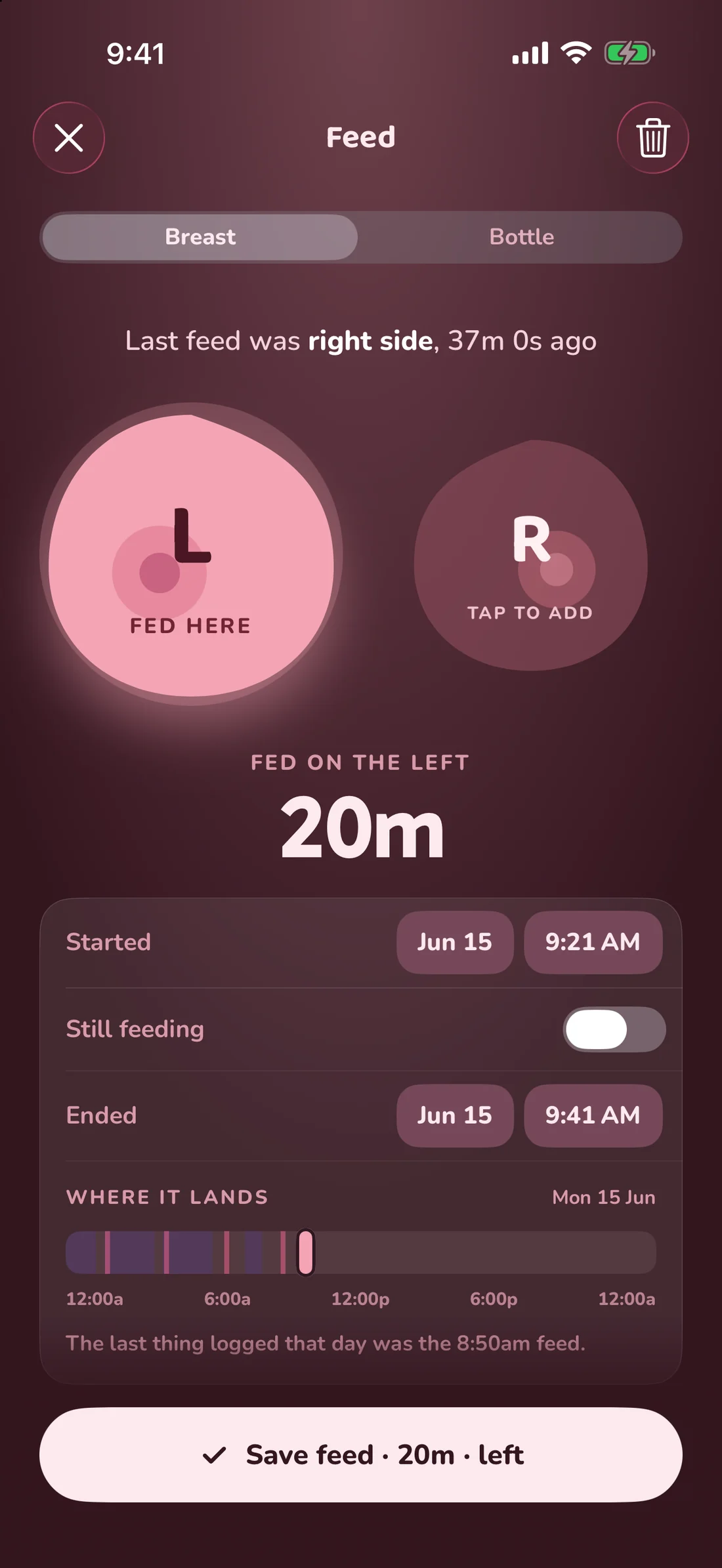 The Feed sheet with its “Still feeding” switch turned off: when the feed started, when it ended, the side she fed on, and a bar of her day showing where the feed lands