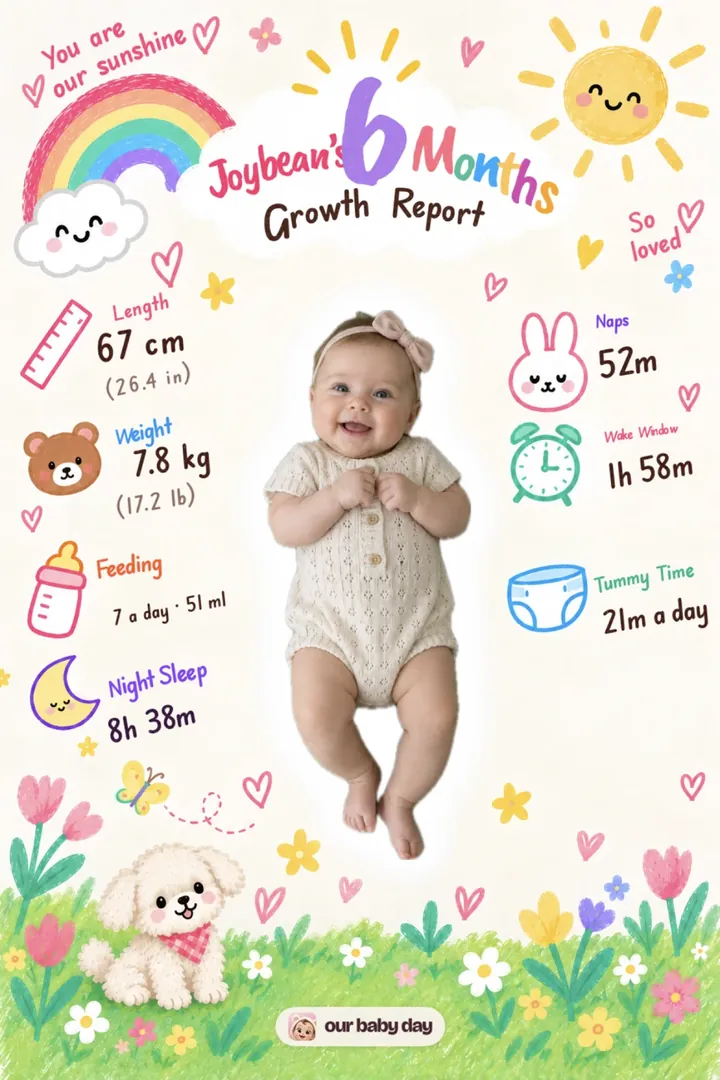 Joybean’s six-month card in the Joyful look: her photo with her length, weight, feeds, sleep, naps and tummy time