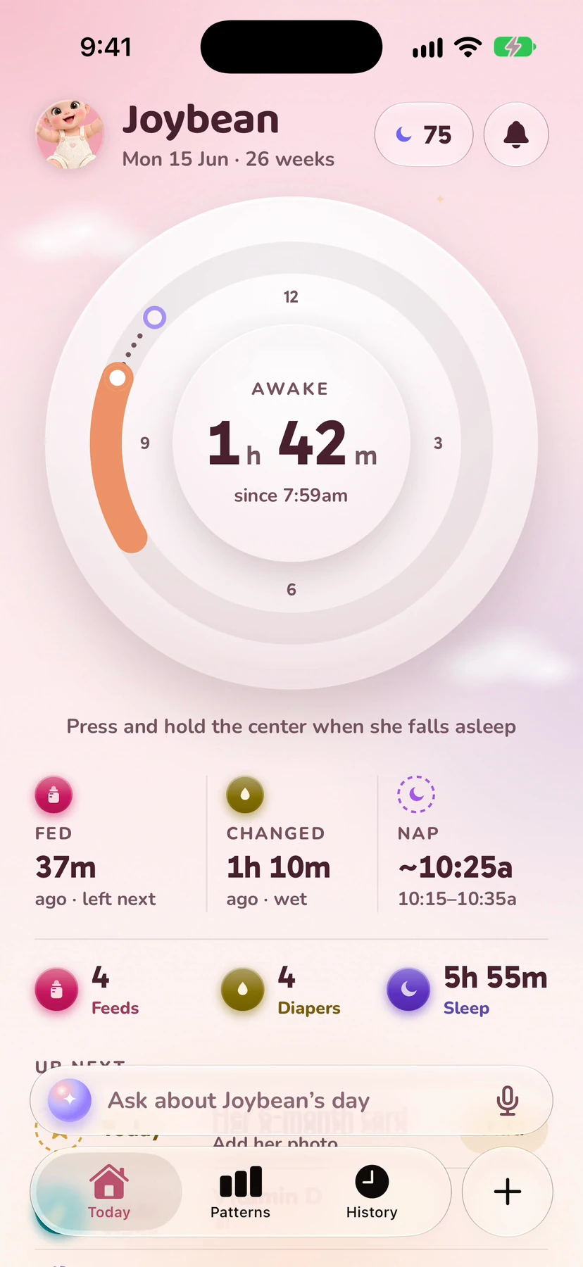 The app at 9:41: Today, then the + opens Quick log, Feed opens Nursing with the left side suggested, and a tap on L starts the clock