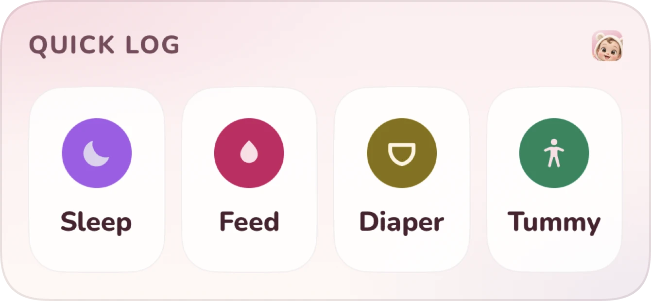 The Quick Log widget on the Home Screen: Sleep, Feed, Diaper and Tummy; a tap on Diaper logs it